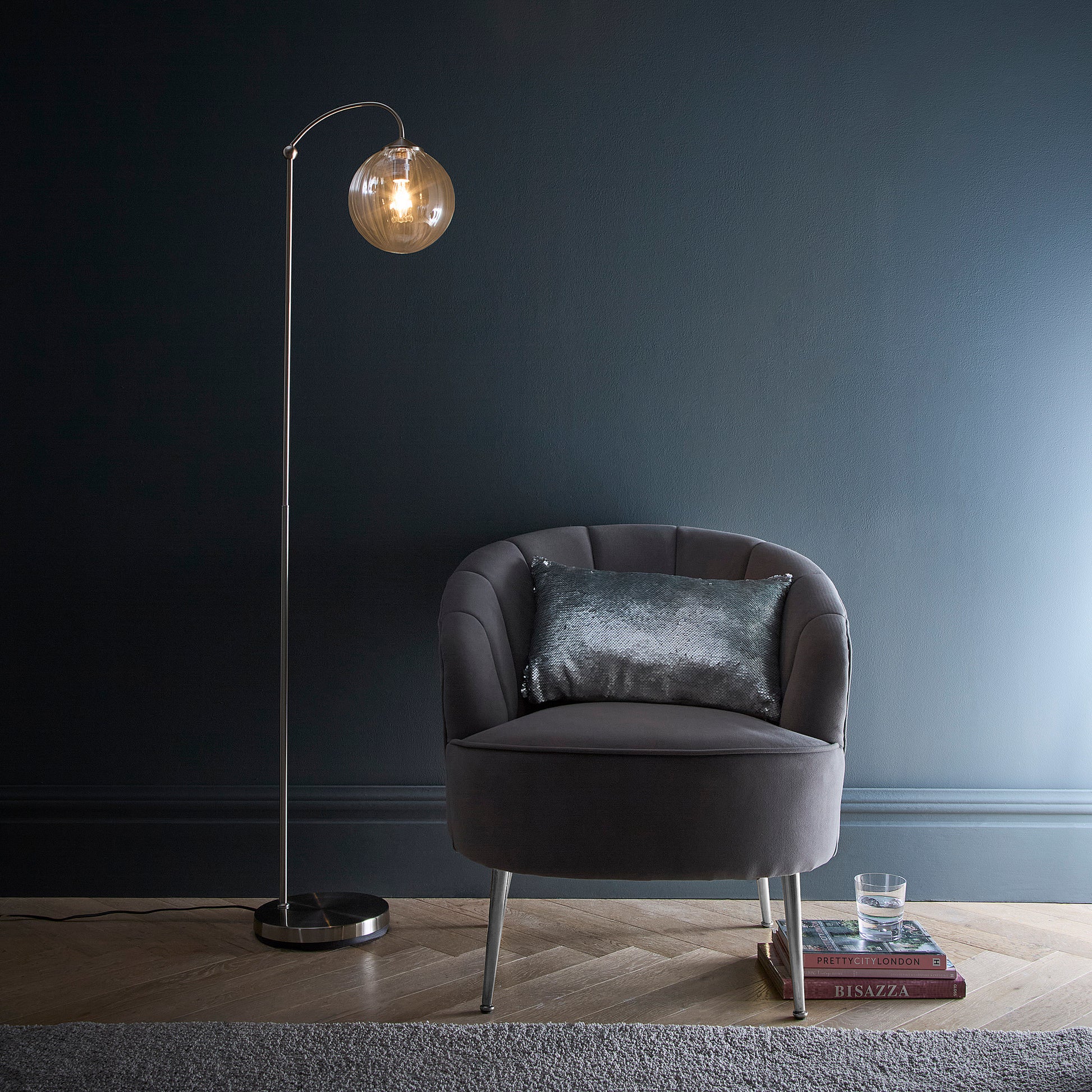 Modern Satin Nickel Table and Floor Lamp with a Ribbed Glass Lamp Shade 