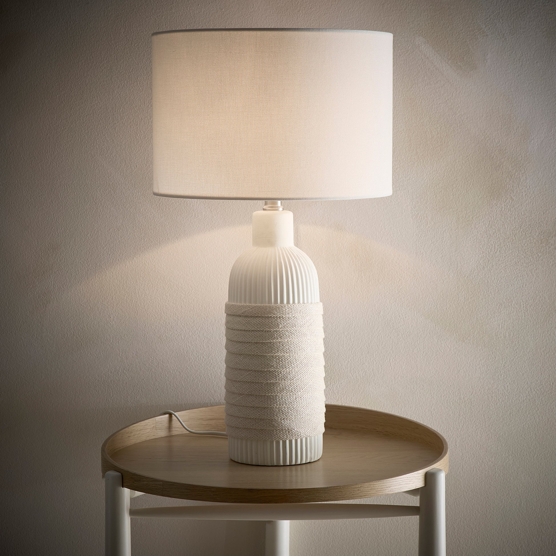 Ceramic Table Lamp in a Light Cream Finish with a Natural Rope design and a Linen Lampshade