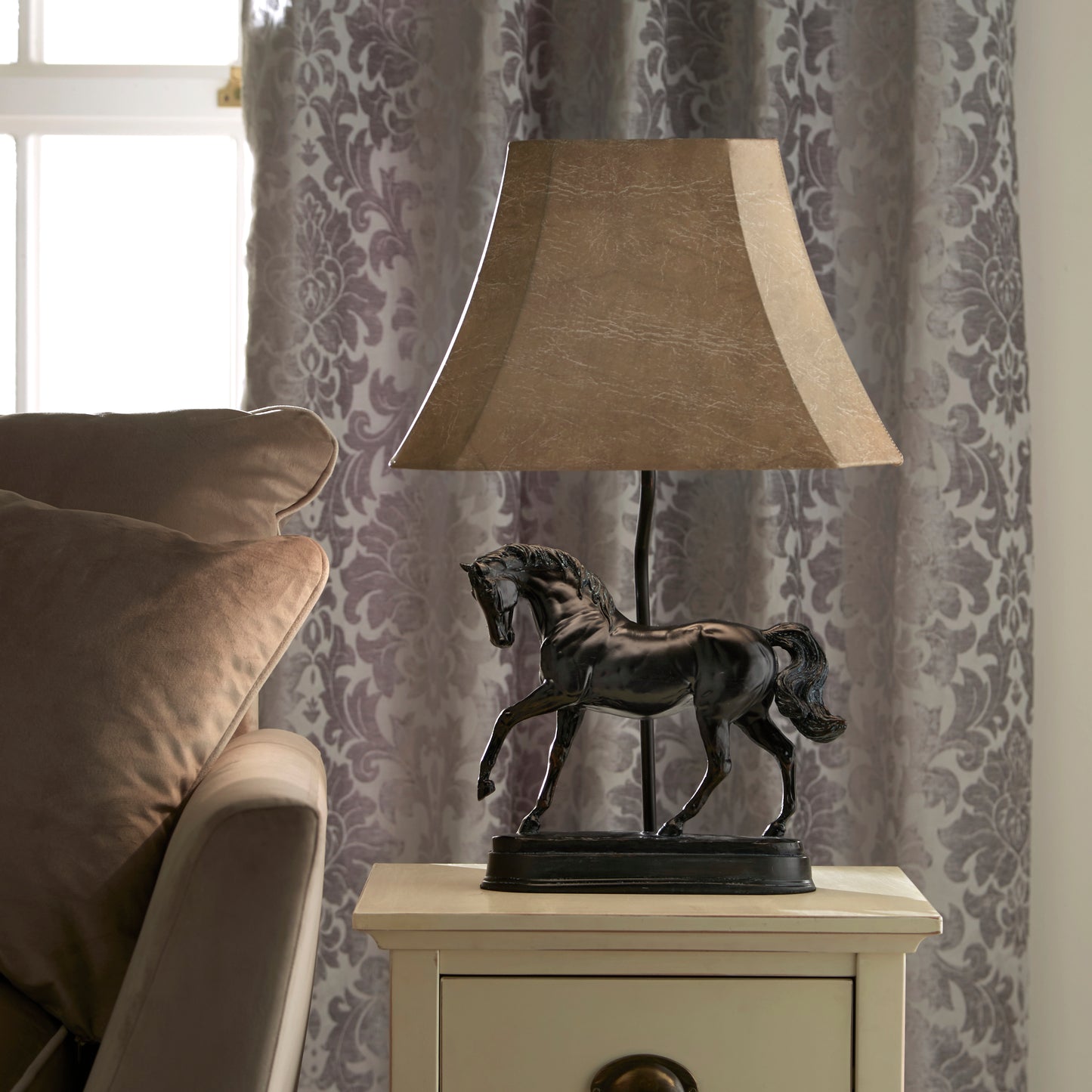 Animal Horse Table Lamp in Black Resin with Faux Suede Style Lamp Shade Stunning