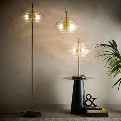 Clear Glass Table lamp, Floor Lamp or Ceiling Pendant collection with a brass finish and Marble lamp bases