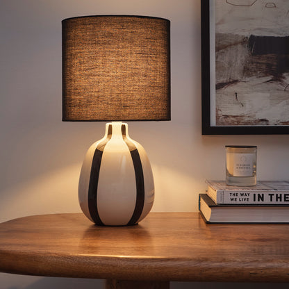 Painted Striped Ceramic Table Lamp with a round base and Matching shades, in Black, Blue, Green and Grey Colour options