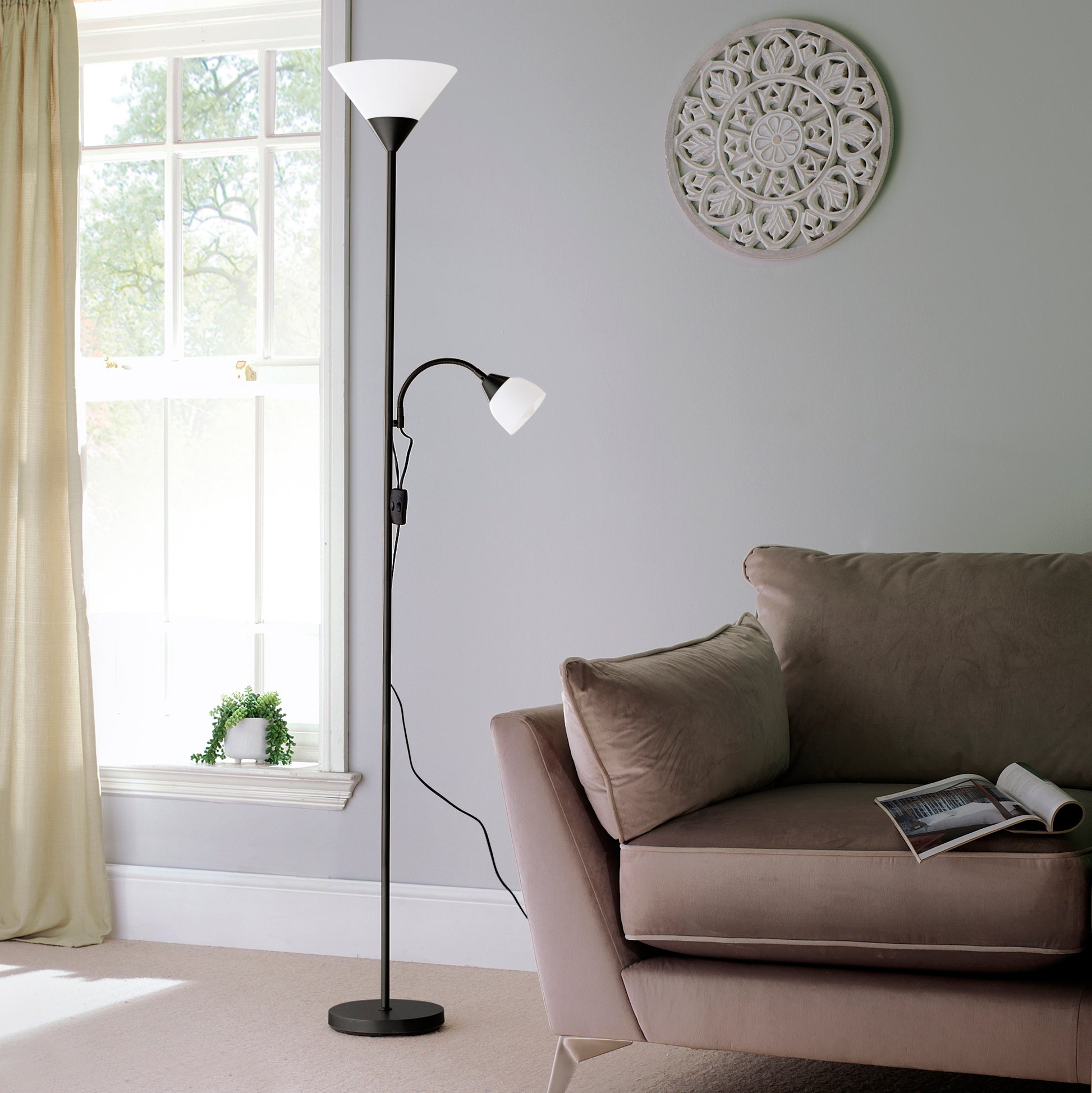 Black Floor Lamp with White Frosted Shades, Mother and Child Dual Switch Option for On or Off