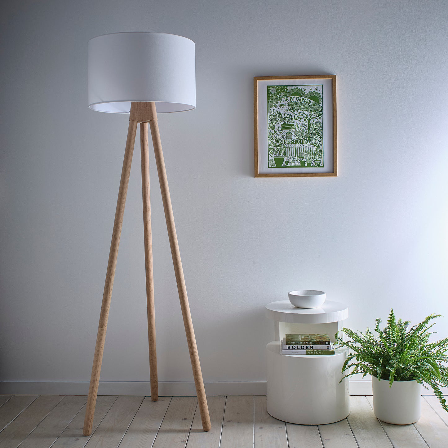 Tall Oak Wooden Tripod Floor Lamp with a Matching Table Lamp option and Matching White Linen Lampshades