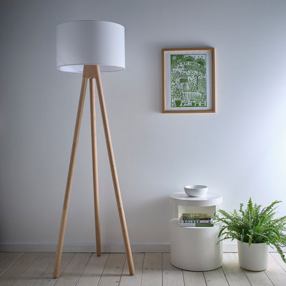 Tall Oak Wooden Tripod Floor Lamp with a Matching Table Lamp option and Matching White Linen Lampshades