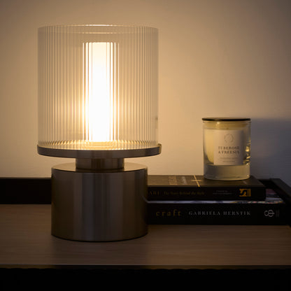 Ribbed Glass Satin Gold Table Lamp or Satin Nickel Table Lamp with Ribbed Glass Shade with a Ceramic Bulb Holding cover