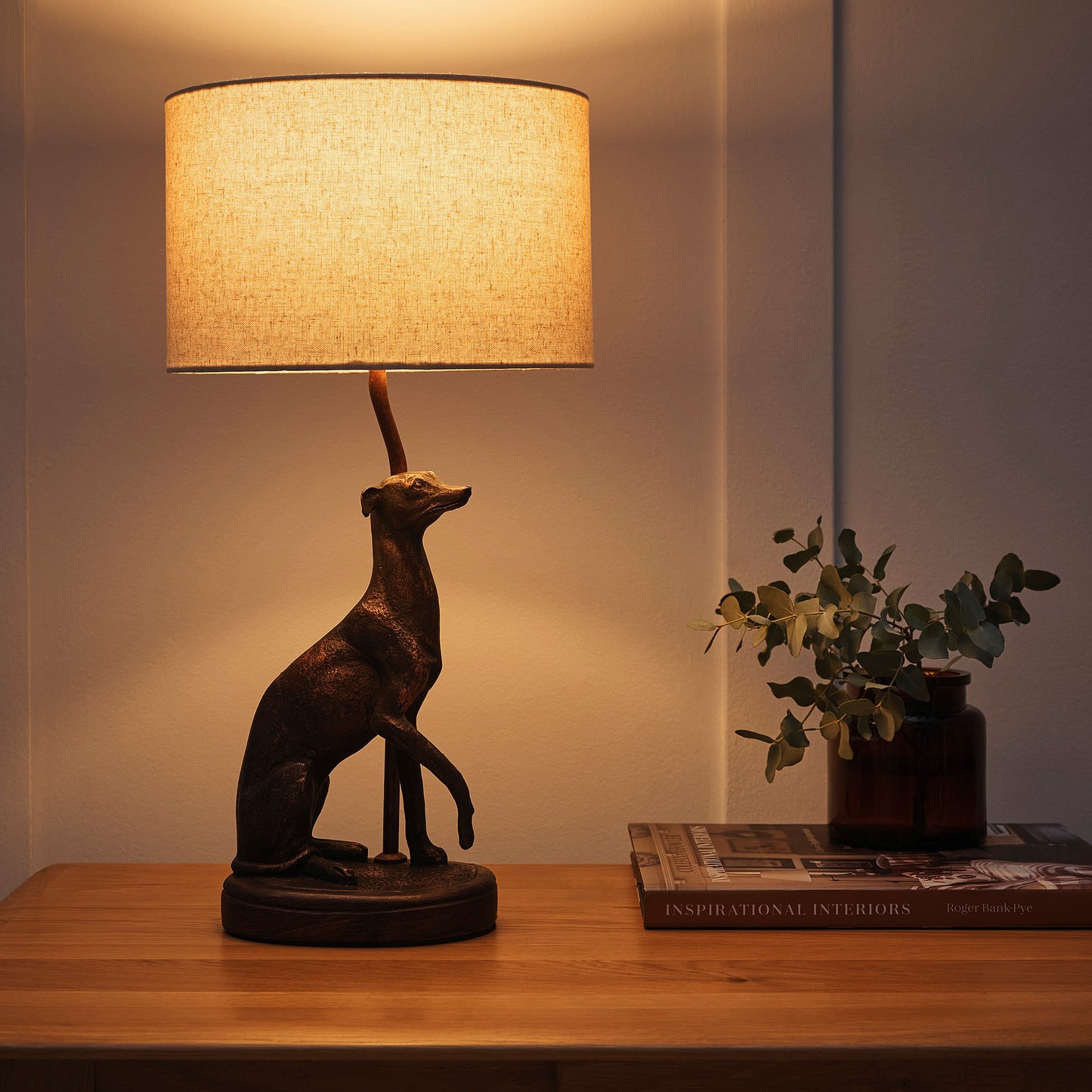 Greyhound Animal Table Lamp in an Antique Copper Resin Table Lamp with a Natural Linen Lampshade