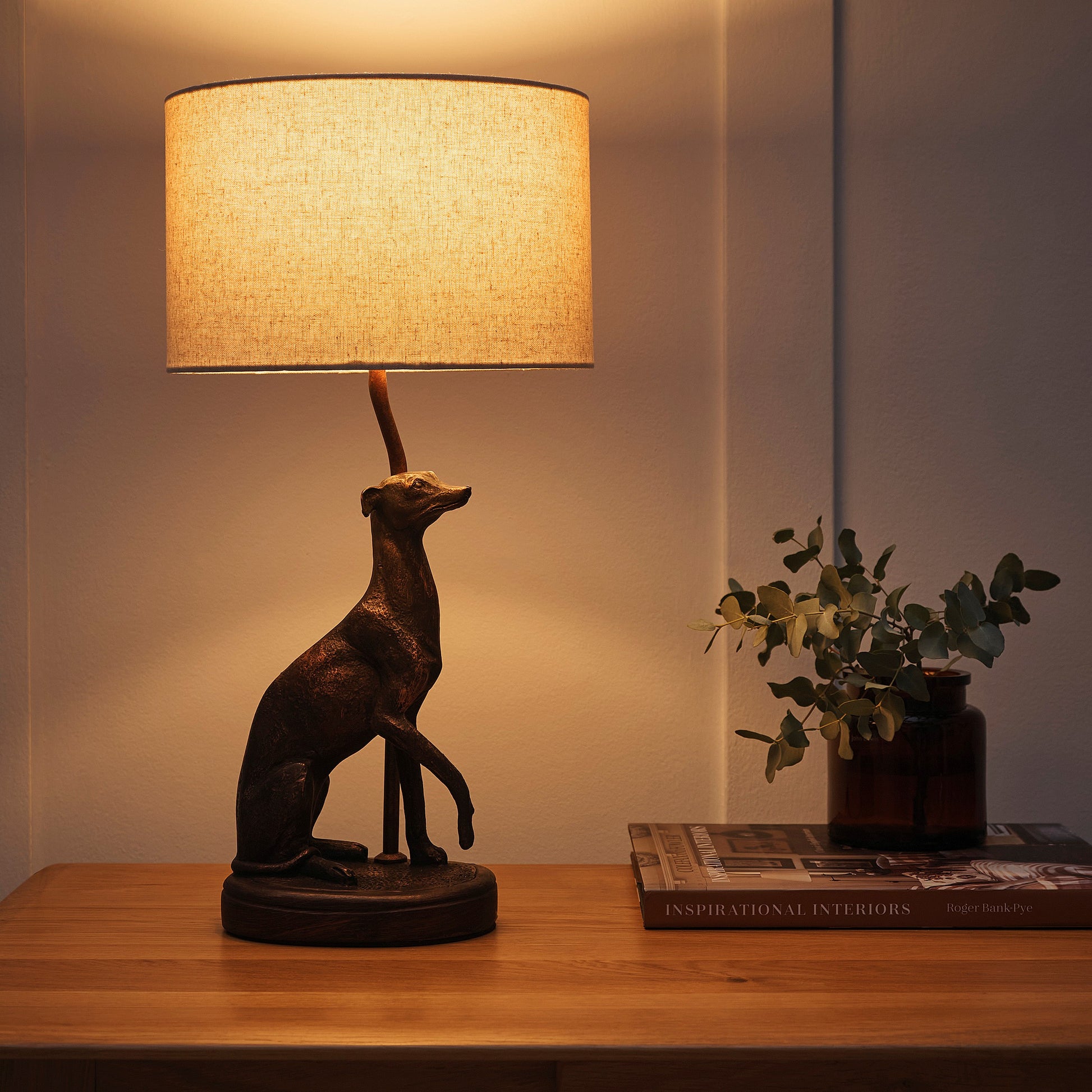 Greyhound Animal Table Lamp in an Antique Copper Resin Table Lamp with a Natural Linen Lampshade