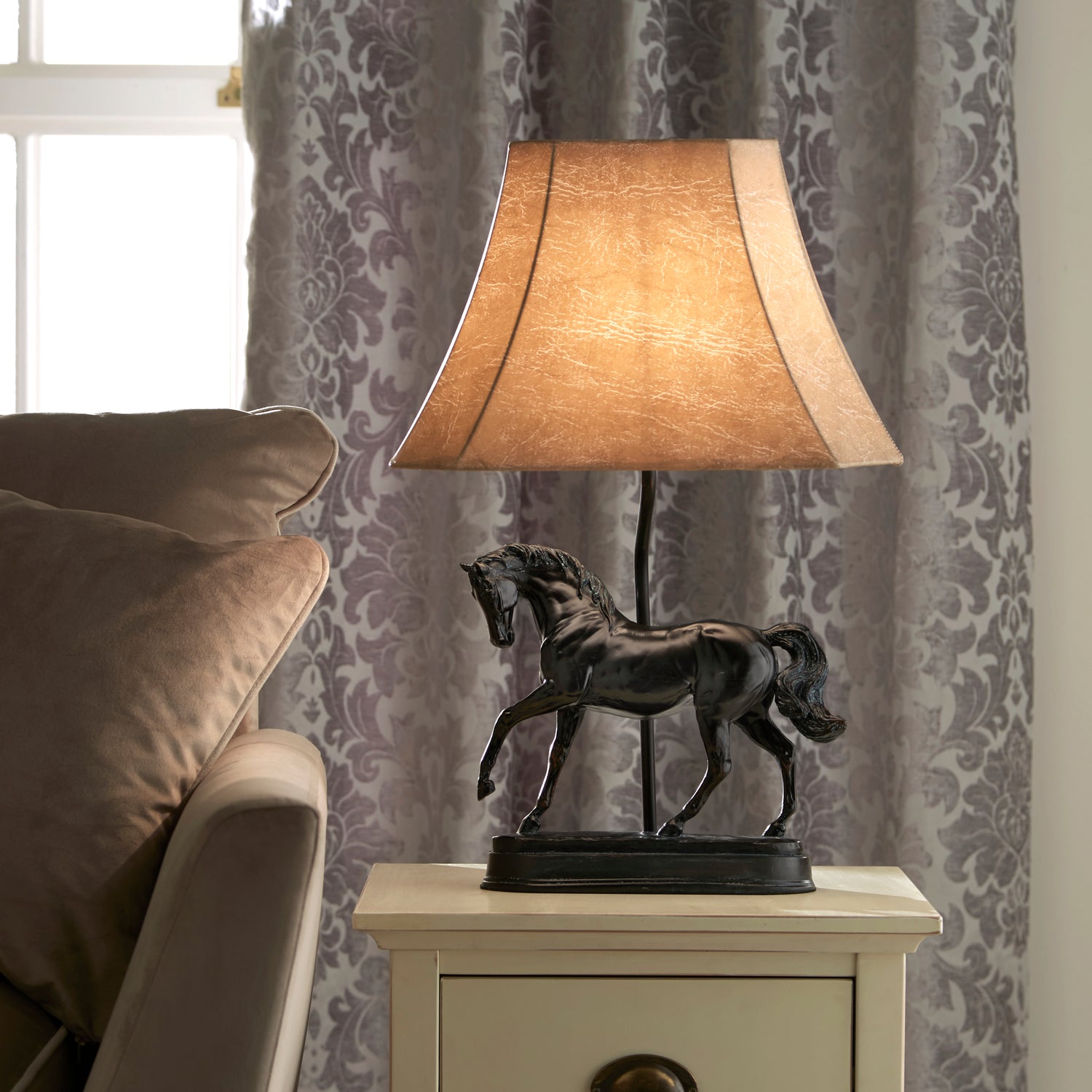 Animal Horse Table Lamp in Black Resin with Faux Suede Style Lamp Shade Stunning
