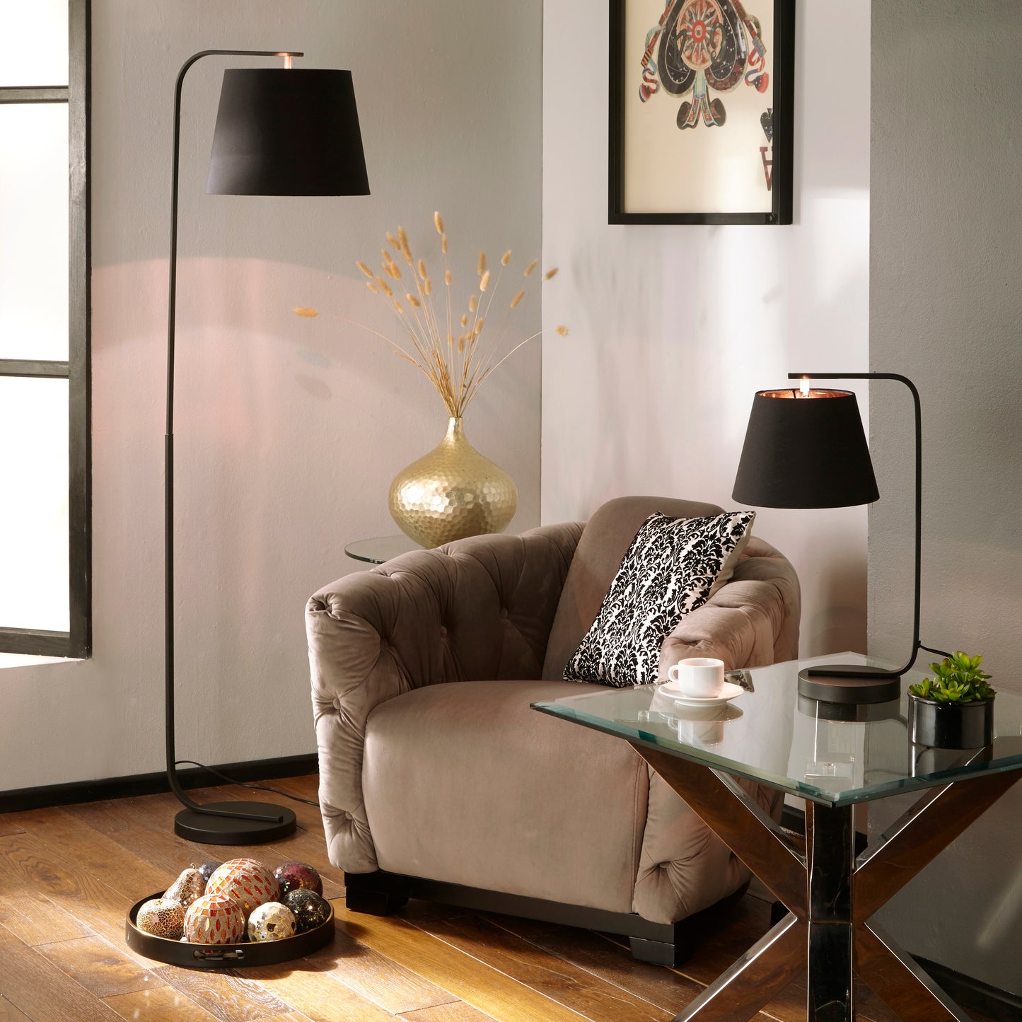 Hendrix Black Table Lamp and Floor Lamp with Black and Copper Lamp Shade