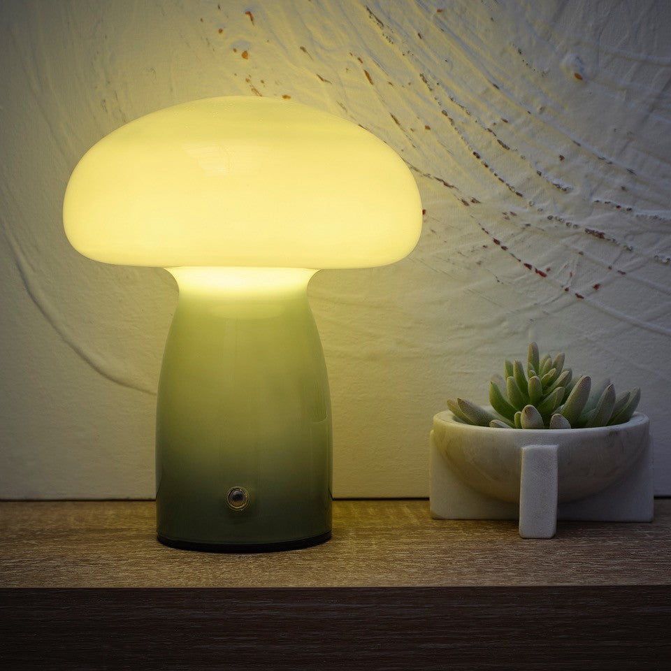 Mushroom Toadstool Glass Table Lamp in White, Duck egg Blue, Green, Lemon, Mocha and Brown - Rechargeable Lamps