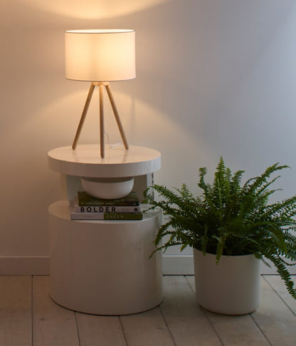 Tall Oak Wooden Tripod Floor Lamp with a Matching Table Lamp option and Matching White Linen Lampshades
