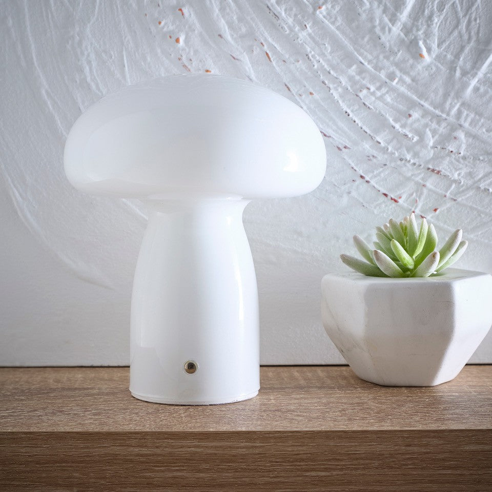 Mushroom Toadstool Glass Table Lamp in White, Duck egg Blue, Green, Lemon, Mocha and Brown - Rechargeable Lamps