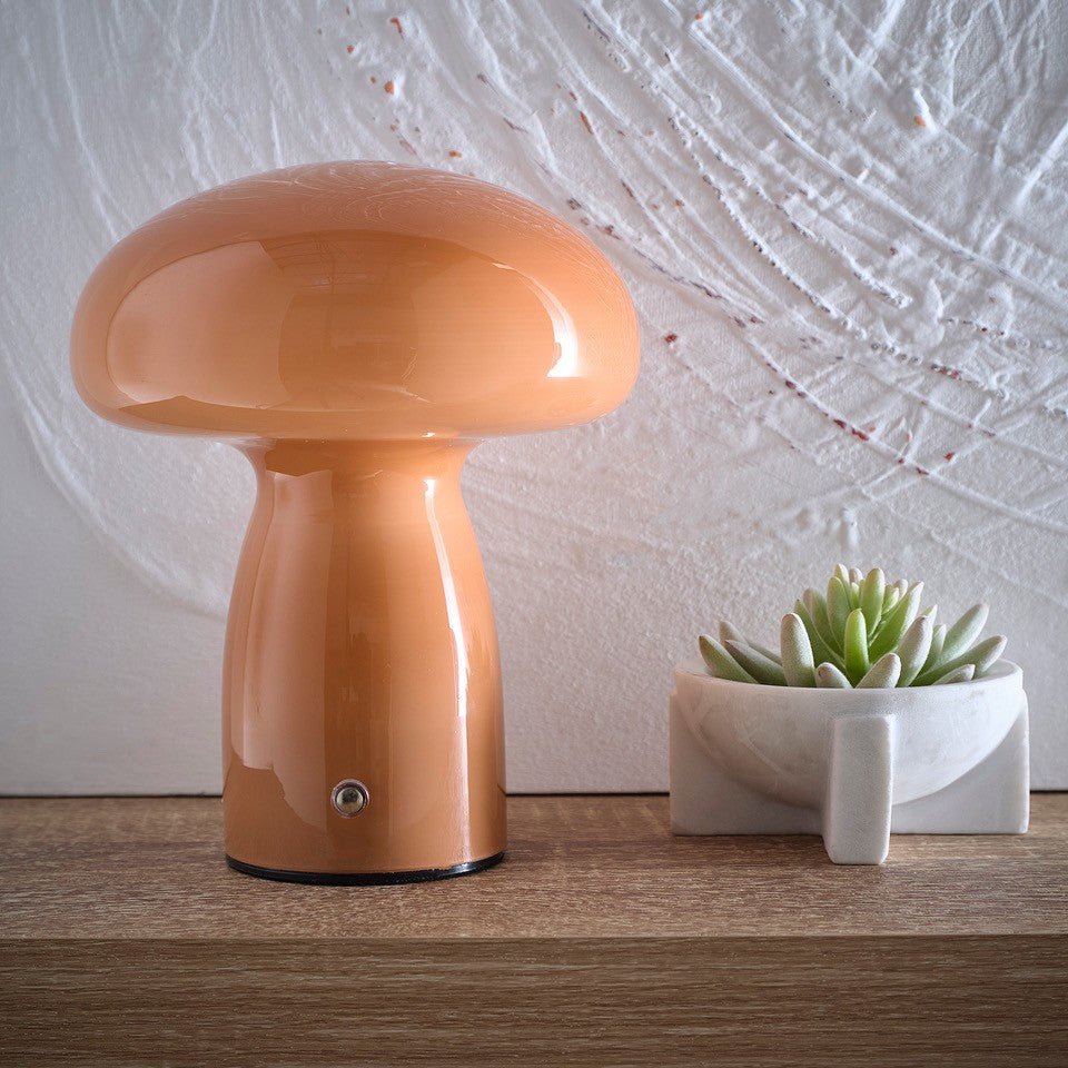 Mushroom Toadstool Glass Table Lamp in White, Duck egg Blue, Green, Lemon, Mocha and Brown - Rechargeable Lamps