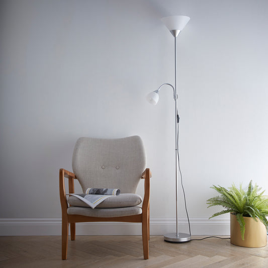 Mother and Child Floor Lamp in a Light Silver Colour with White Shades 180cm Tall