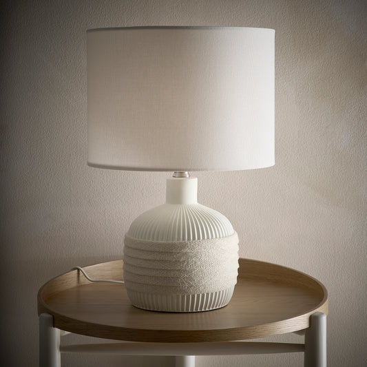 Stunning Ceramic Table lamp with a natural Rope Design Base and a Natural Linen Drum shade