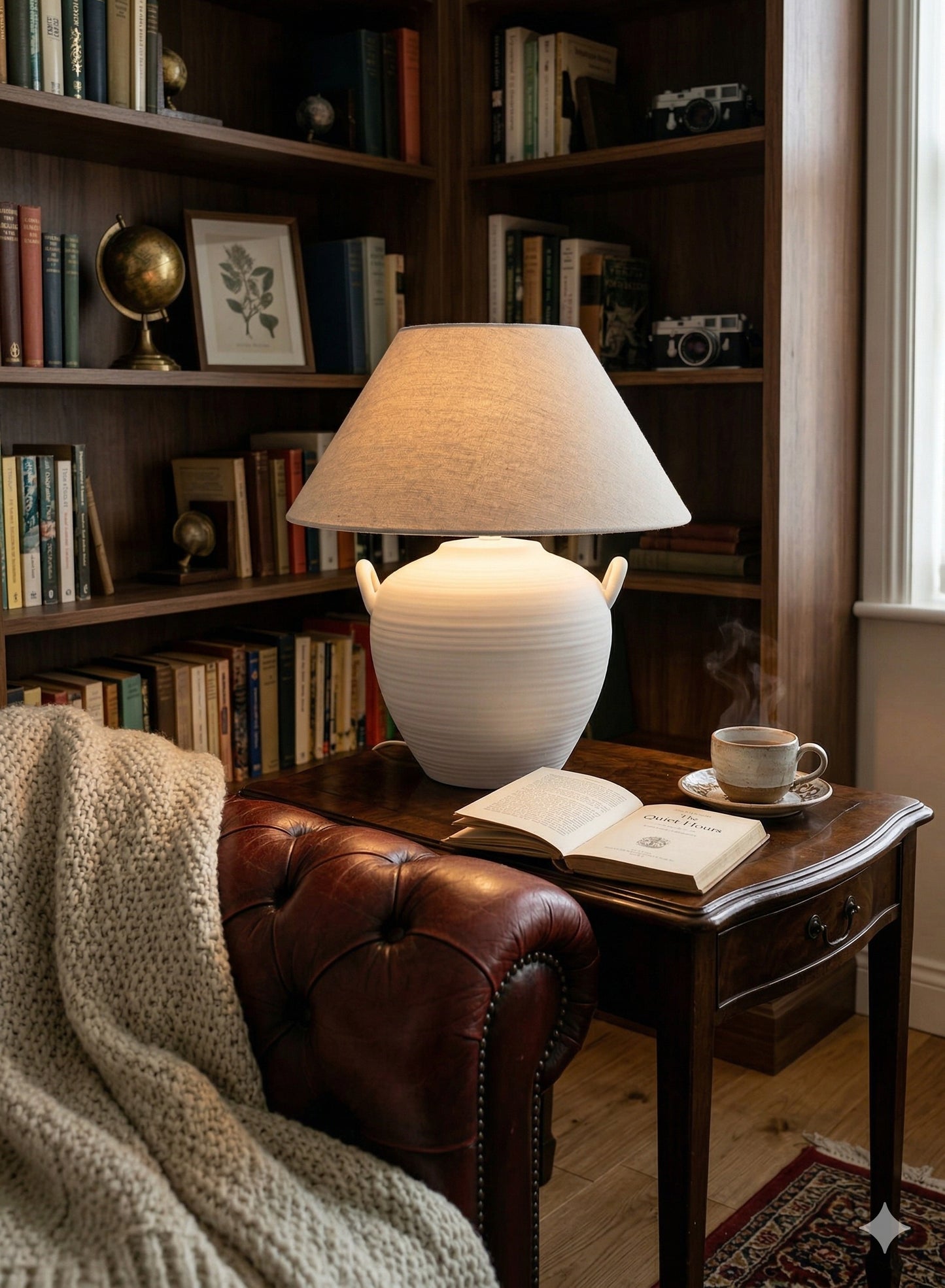 Ceramic Pot Table Lamp in White or Black Stone Like Finish with Side handles and Natural Linen Lampshade