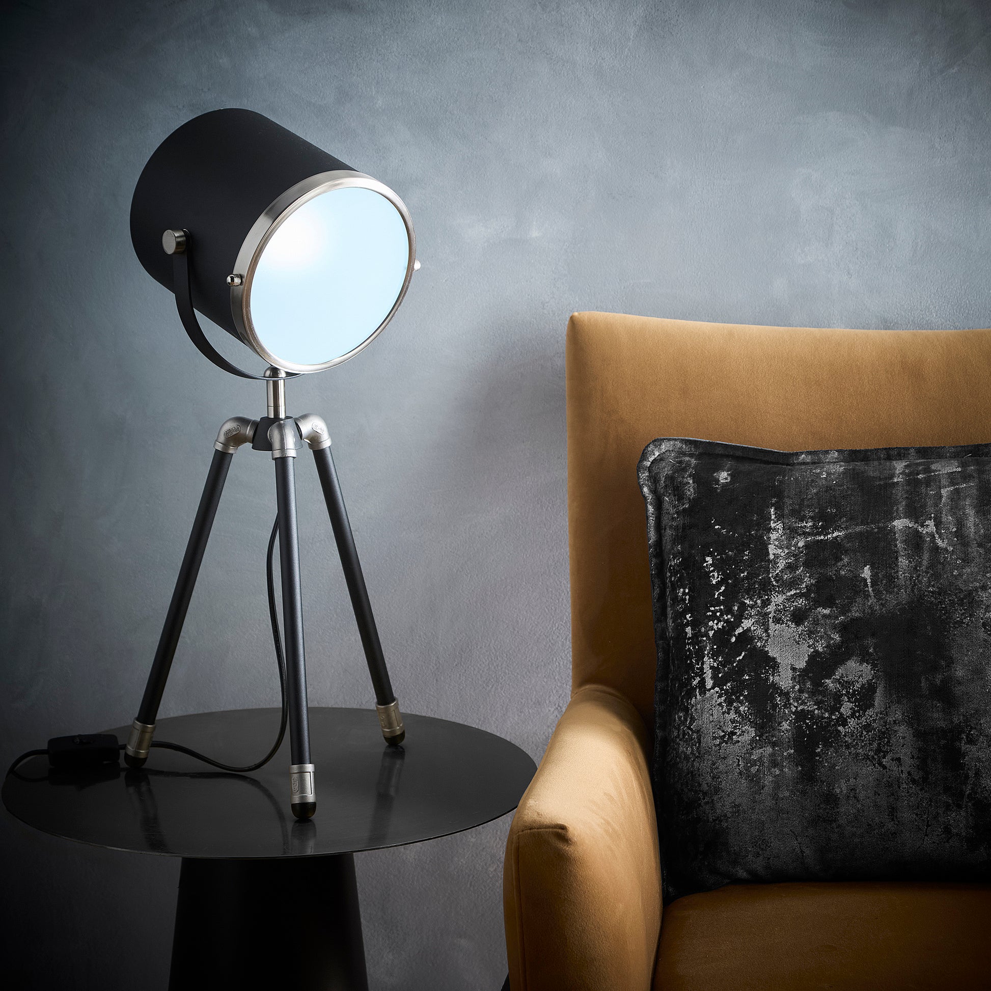 Black Tripod Table Lamp or Floor Lamp Projector style Spot light with a Diffuser Face and Satin Nickel Rim