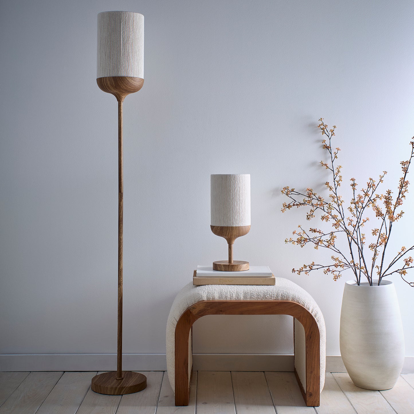 Modern Wood Effect Table and Floor Lamp in a Metal Finish with a Natural Cotton Lampshade