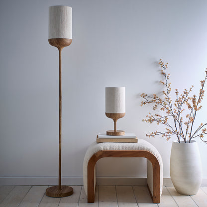 Modern Wood Effect Table and Floor Lamp in a Metal Finish with a Natural Cotton Lampshade