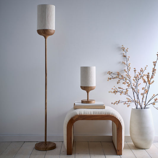 Modern Wood Effect Table and Floor Lamp in a Metal Finish with a Natural Cotton Lampshade