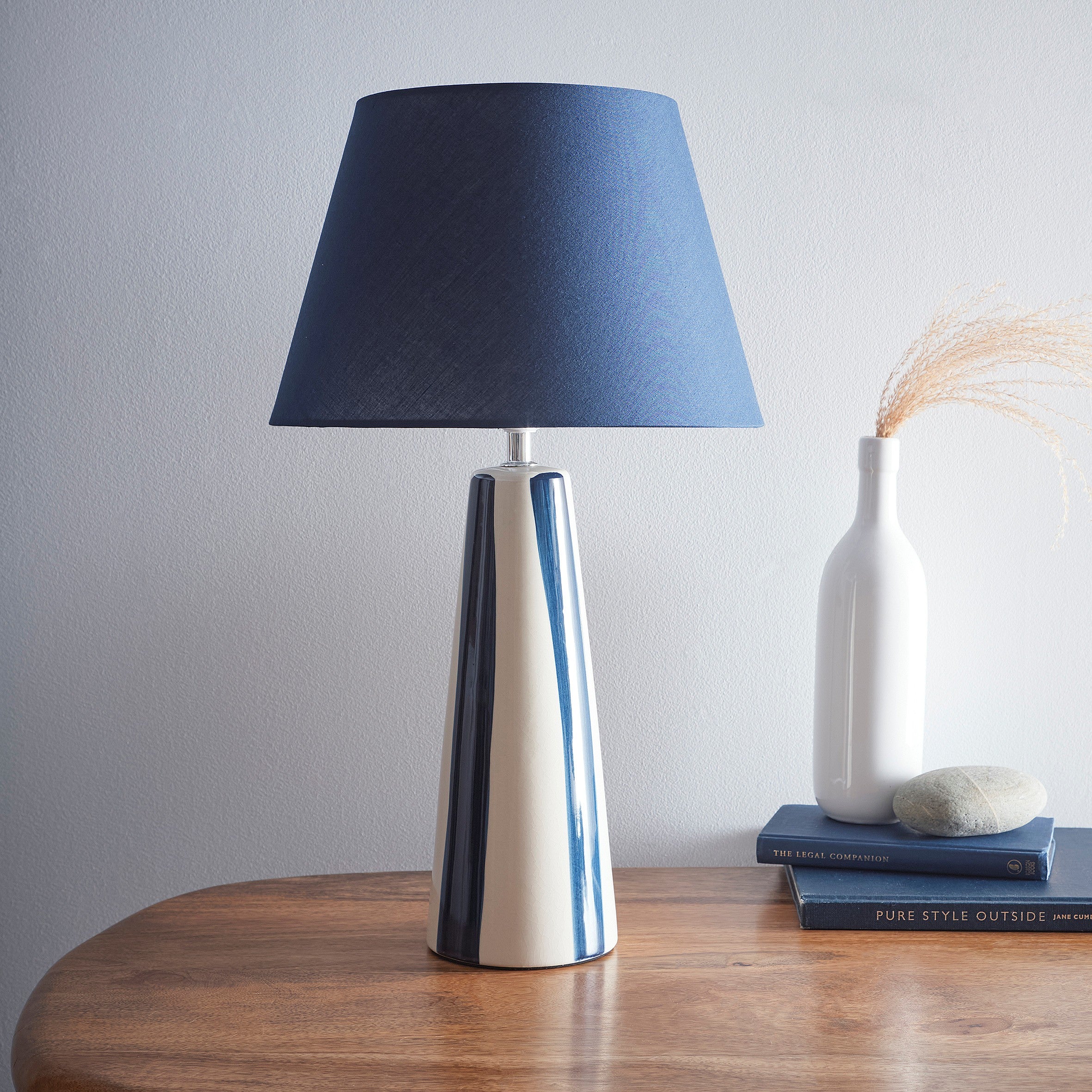 Painted Striped Ceramic Table Lamps with Matching shades, in Black, Blue, Green and Grey Colour options