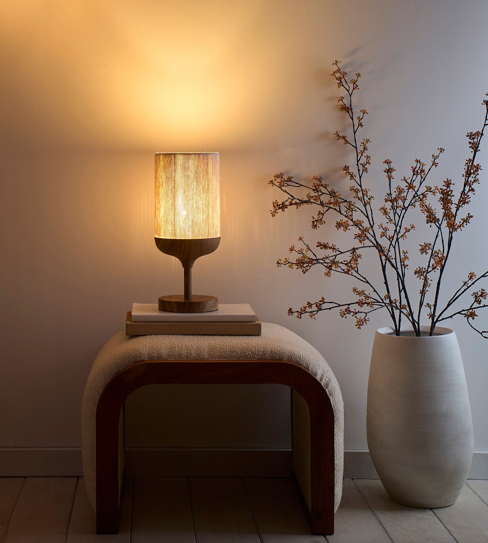 Modern Wood Effect Table and Floor Lamp in a Metal Finish with a Natural Cotton Lampshade