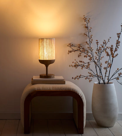 Modern Wood Effect Table and Floor Lamp in a Metal Finish with a Natural Cotton Lampshade