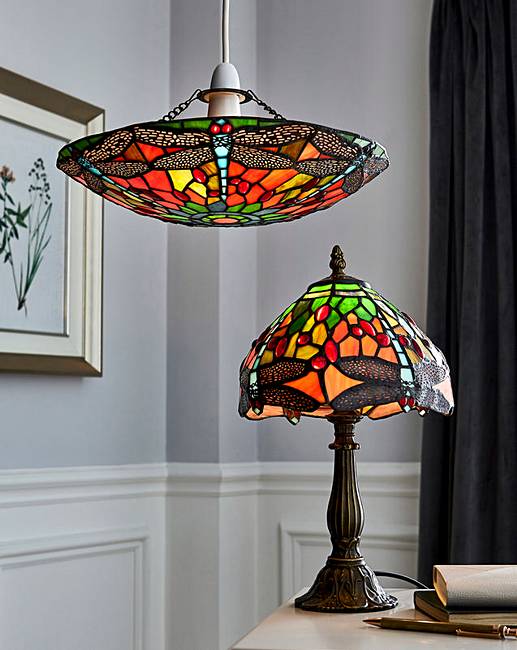 12" Mitcham Tiffany Style Stained Glass Dragon Fly Table Lamp 