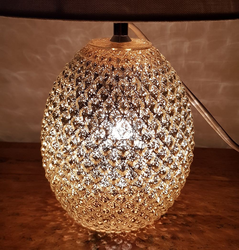 Chantelle Champagne Diamond Cut Pattern Glass Table Lamp, with Silver metallic Finish and White Shade