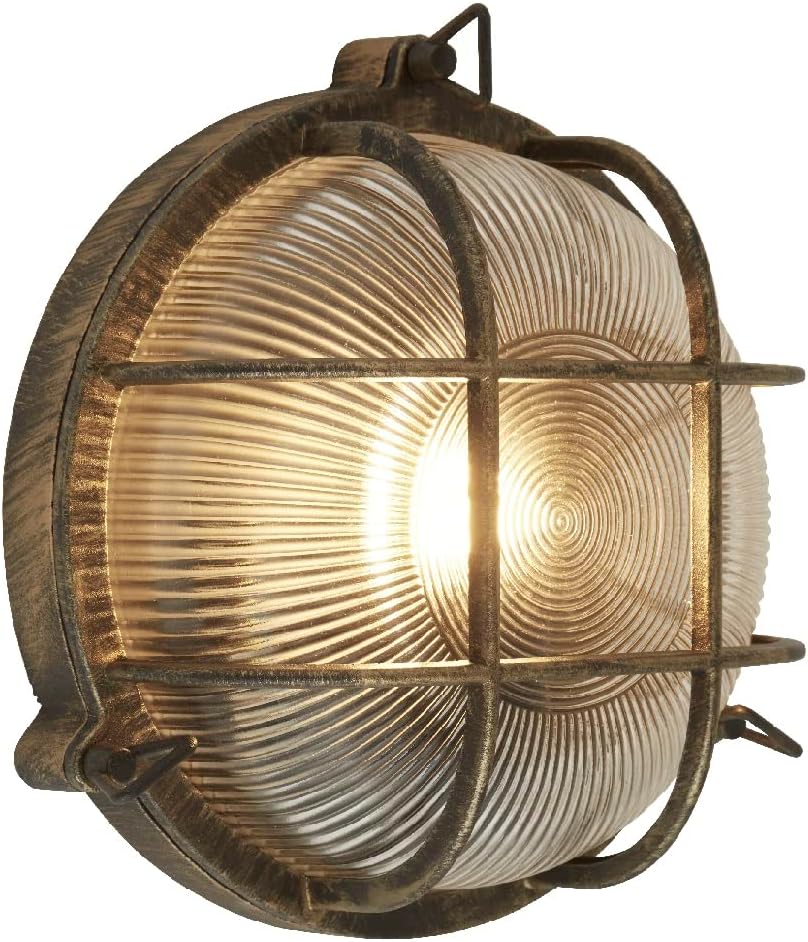 Antique Brass Ribbed Glass Outdoor Bulkhead Oblong or Round Light