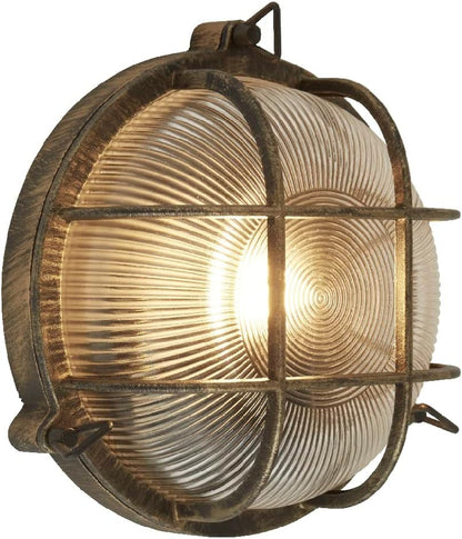 Antique Brass Ribbed Glass Outdoor Bulkhead Oblong or Round Light