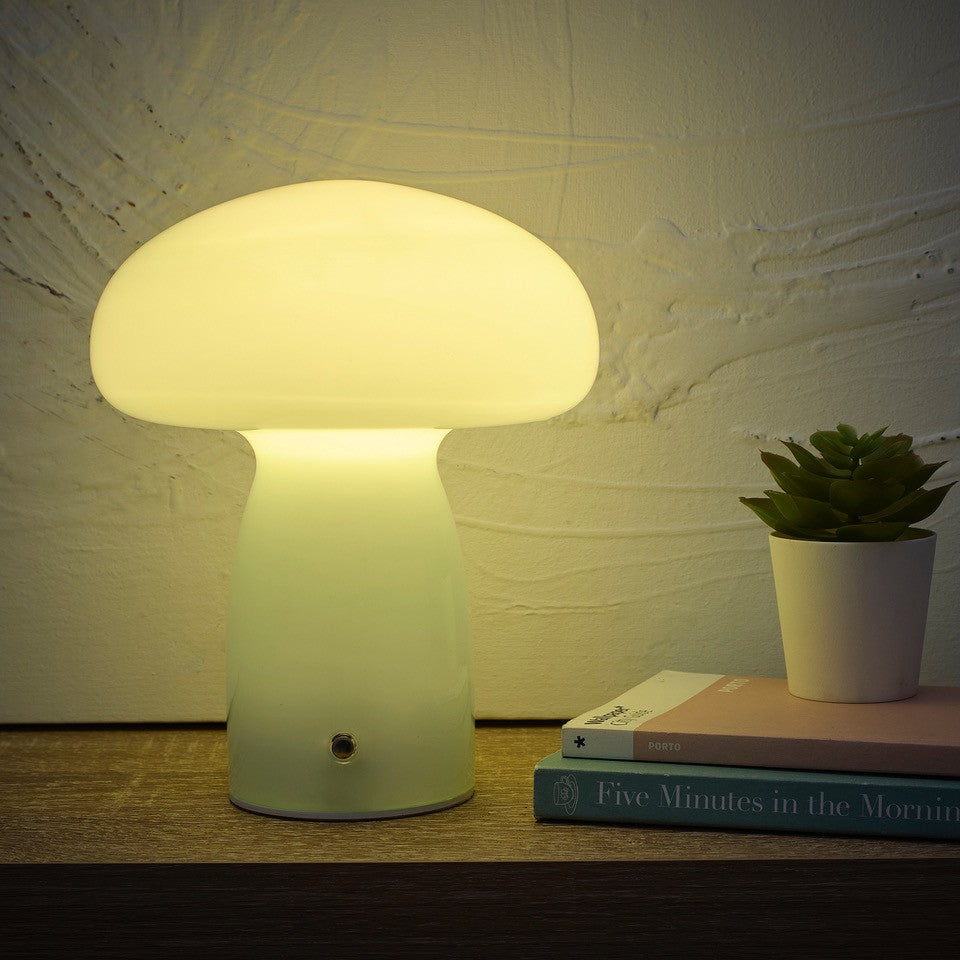 Mushroom Toadstool Glass Table Lamp in White, Duck egg Blue, Green, Lemon, Mocha and Brown - Rechargeable Lamps