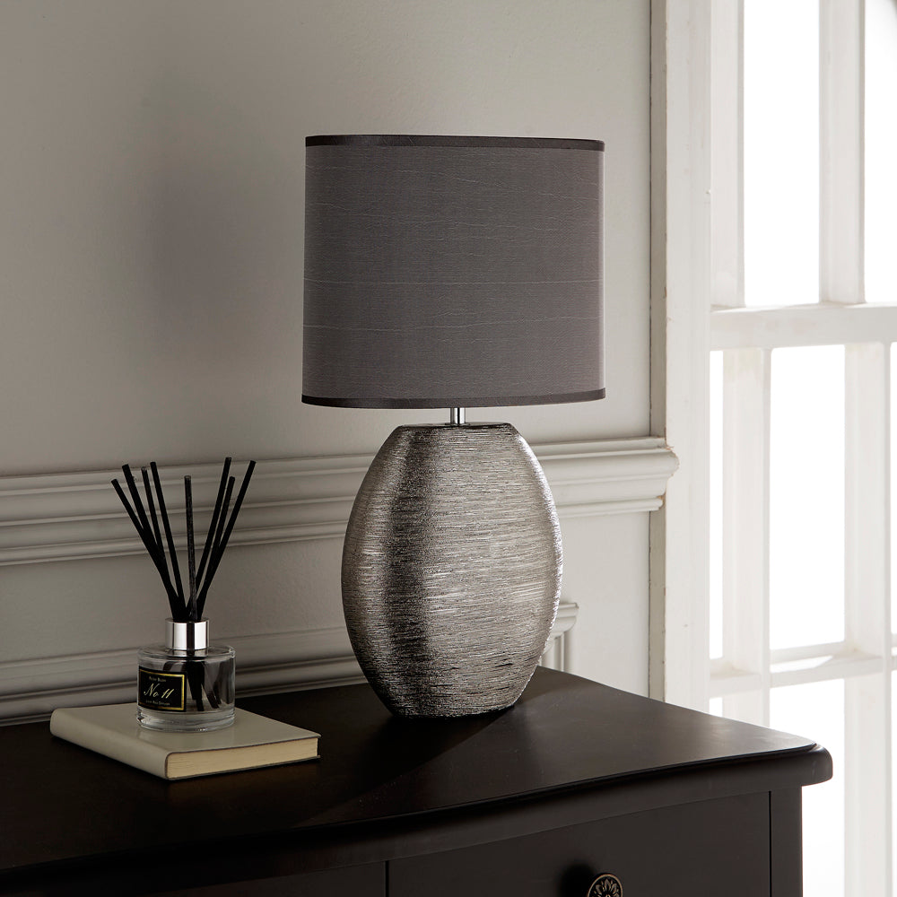 Waltham Silver Ceramic Table Lamp complete with Grey / Silver Lamp shade