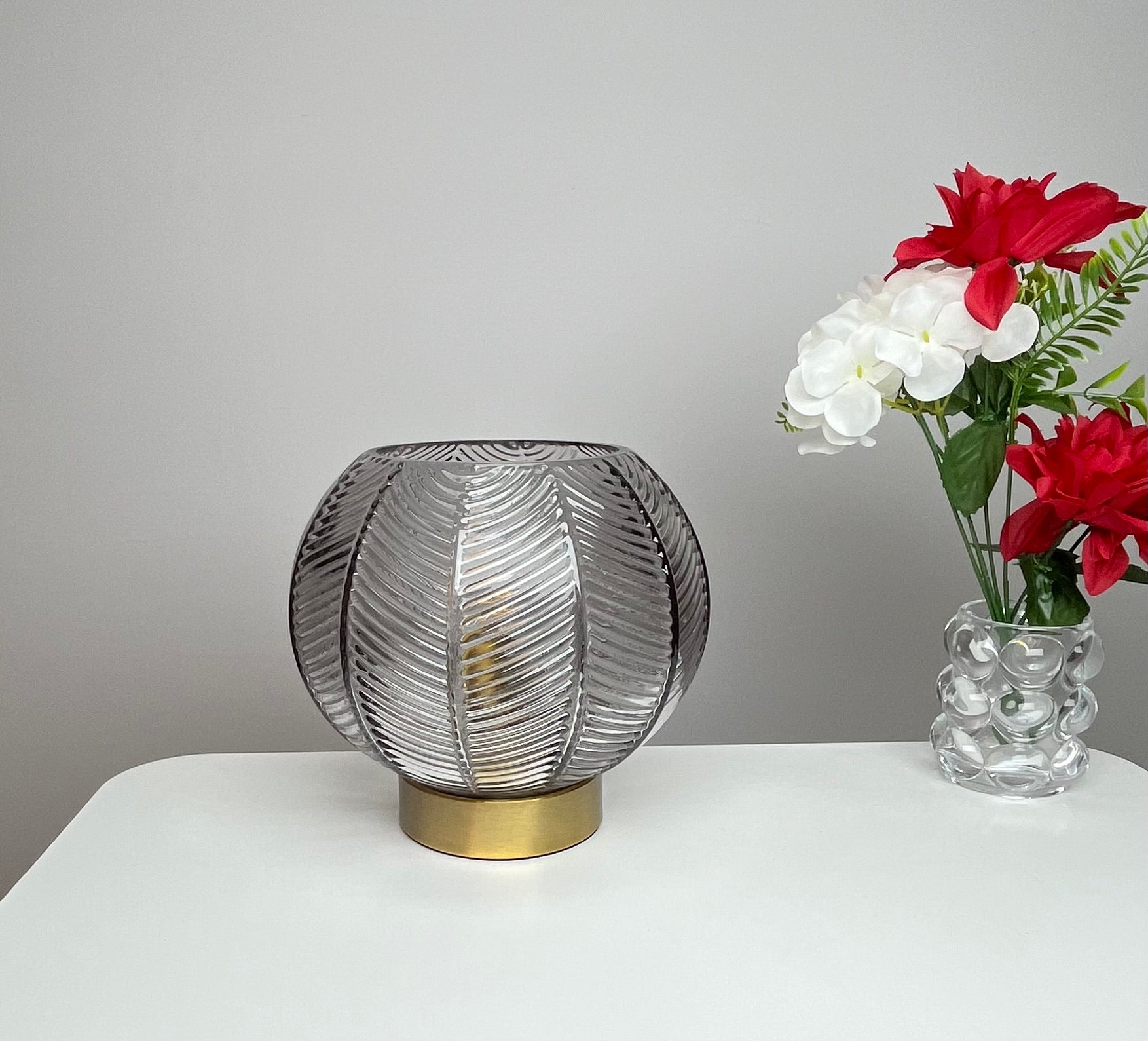 Leaf Design Glass Table Lamp in Green, Smoke Grey or Clear finishes with Matching Gold Base or Satin Chrome Base