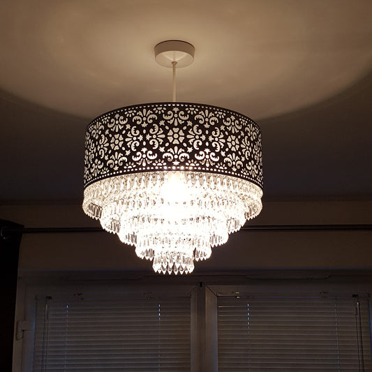 Emily Easy Fit Chrome Cutout Pendant Shade with Acrylic Clear Beaded Tiered Chandelier