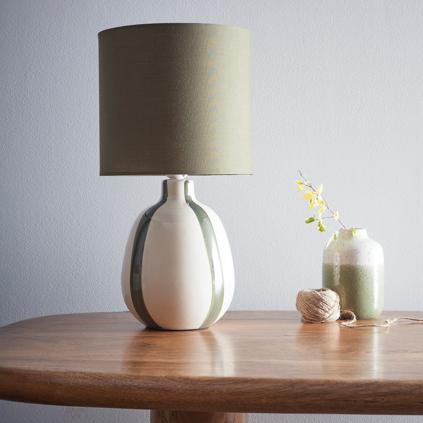 Painted Striped Ceramic Table Lamp with a round base and Matching shades, in Black, Blue, Green and Grey Colour options