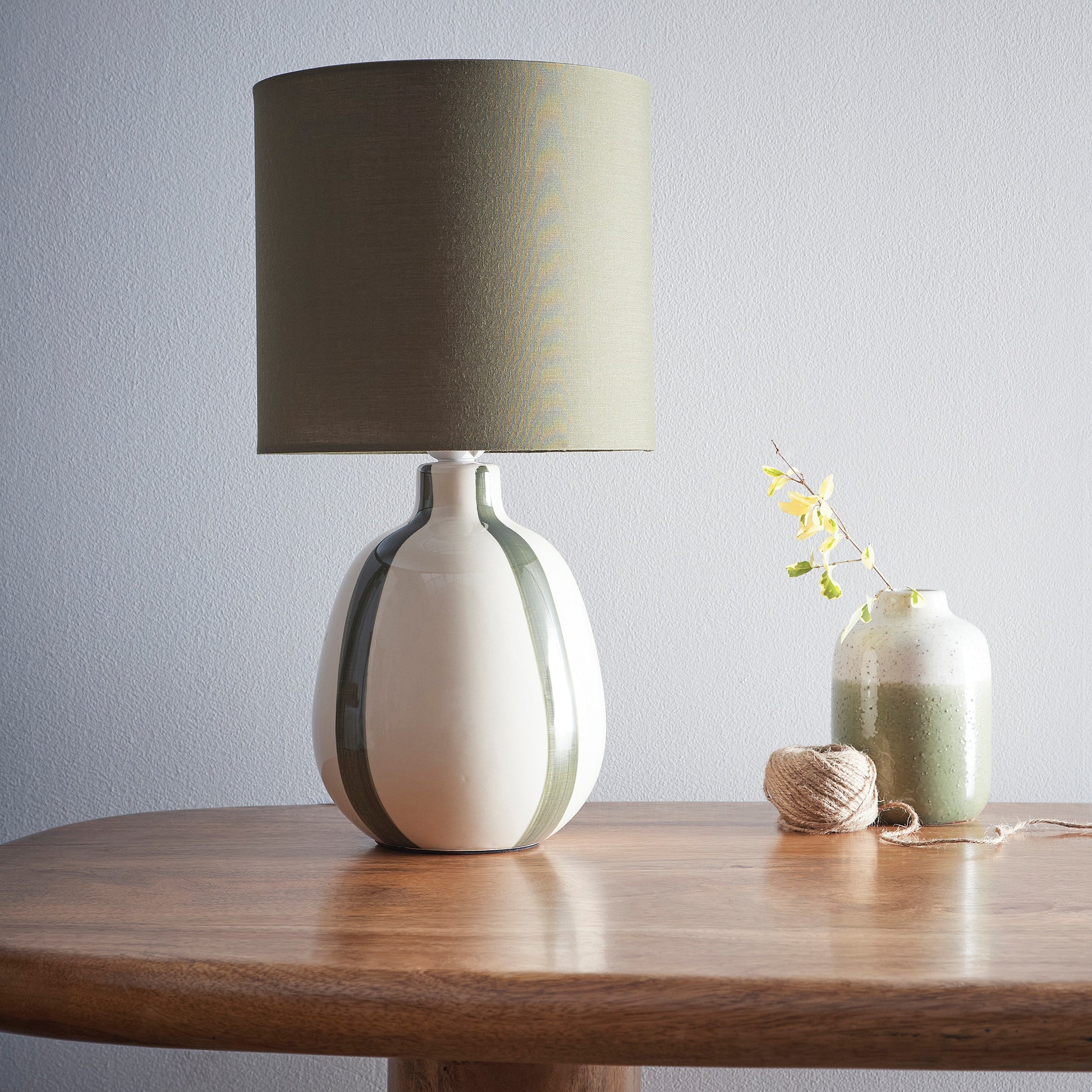 Painted Striped Ceramic Table Lamp with a round base and Matching shades, in Black, Blue, Green and Grey Colour options