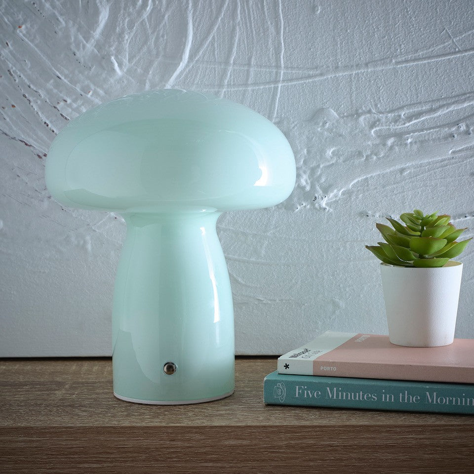 Mushroom Toadstool Glass Table Lamp in White, Duck egg Blue, Green, Lemon, Mocha and Brown - Rechargeable Lamps