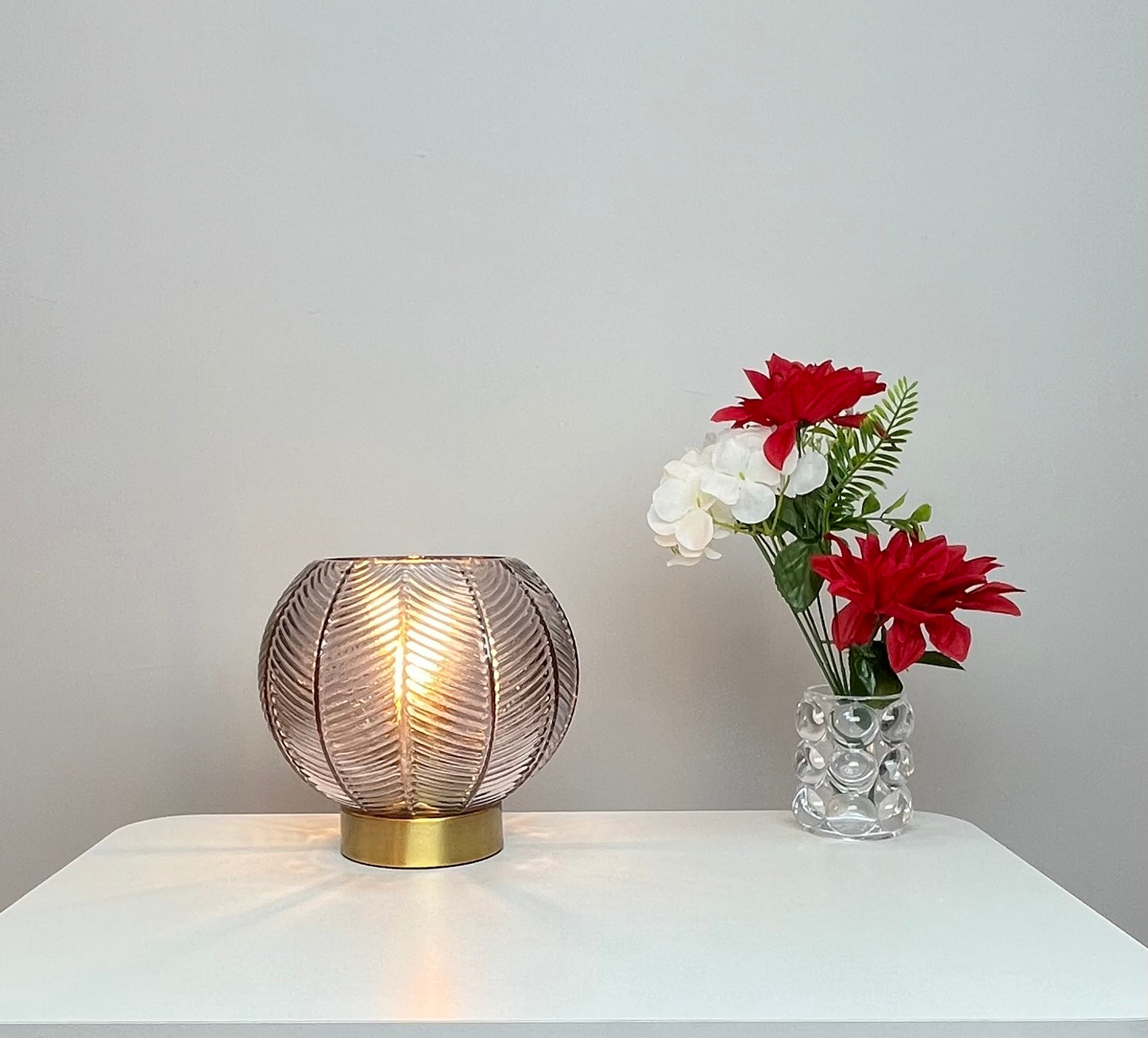 Leaf Design Glass Table Lamp in Green, Smoke Grey or Clear finishes with Matching Gold Base or Satin Chrome Base