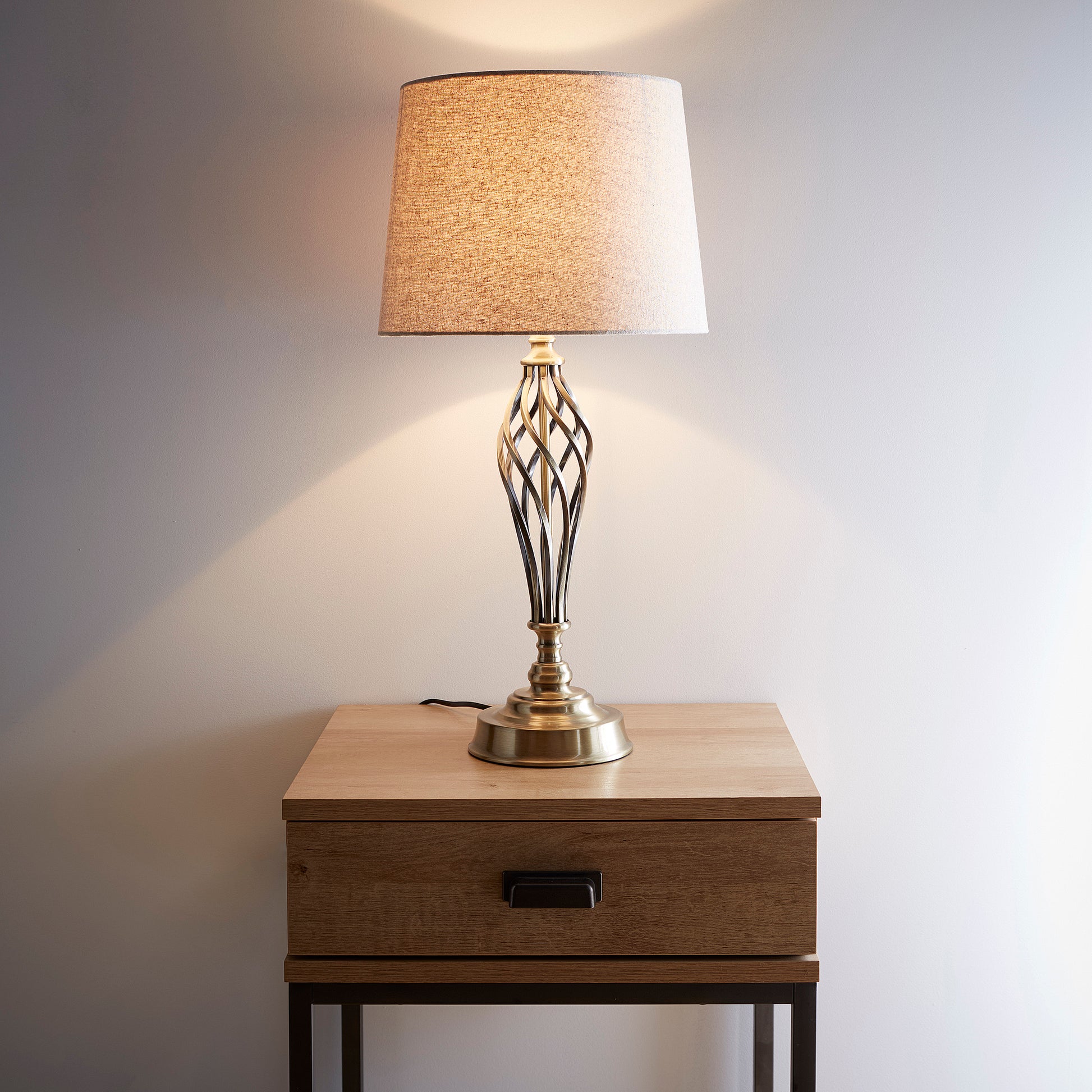 Spiral Antique Brass Table Lamp with Linen Lampshade – Lights and