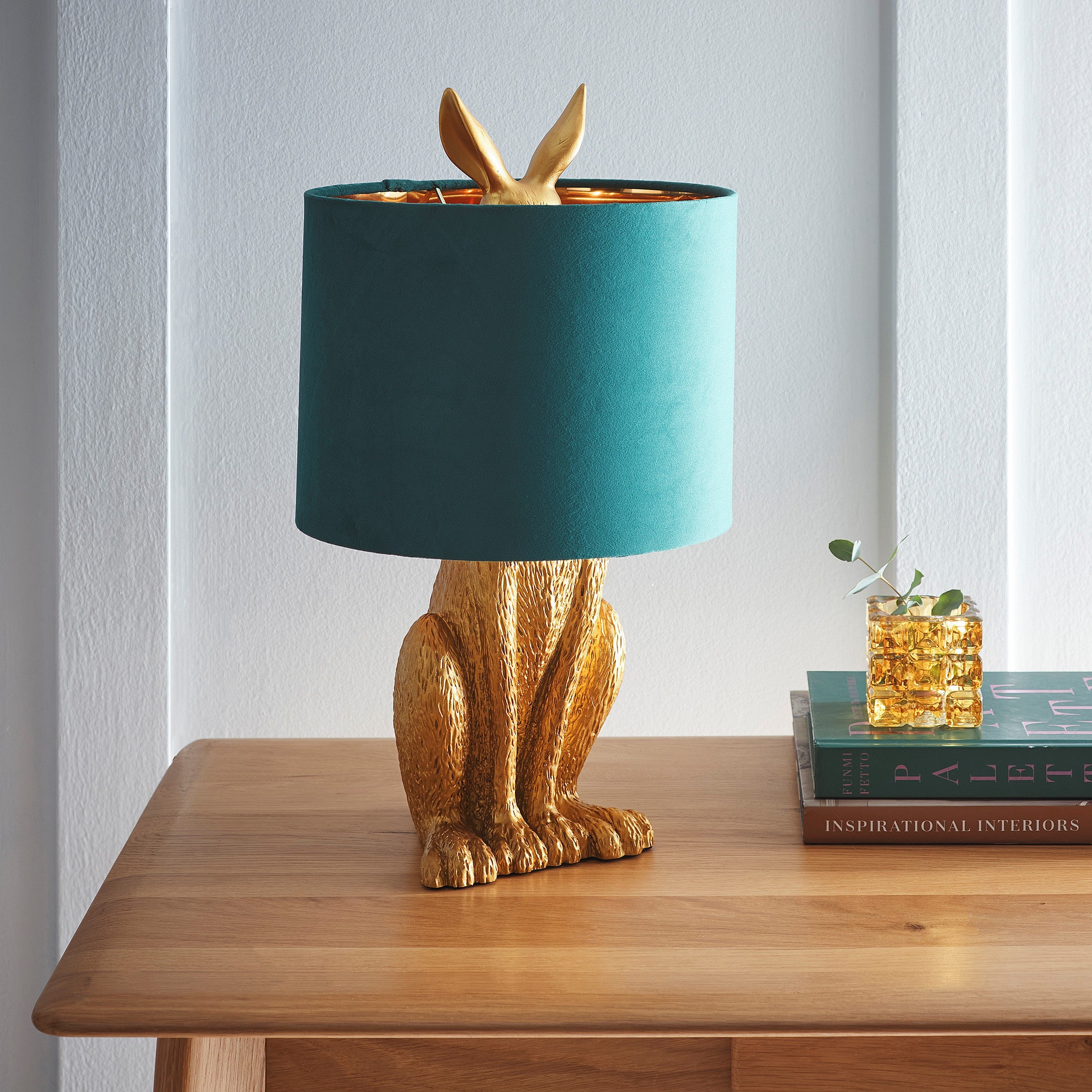 Standing Rabbit Animal Table Lamp in a Gold Finished with a Green Velvet Lampshade