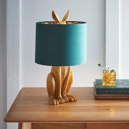 Standing Rabbit Animal Table Lamp in a Gold Finished with a Green Velvet Lampshade