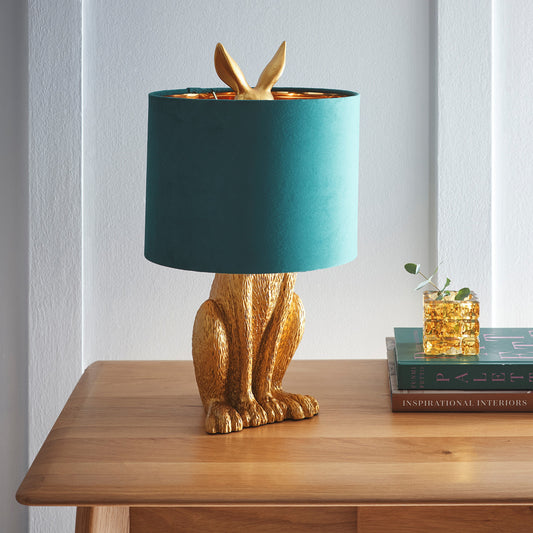 Standing Rabbit Animal Table Lamp in a Gold Finished with a Green Velvet Lampshade