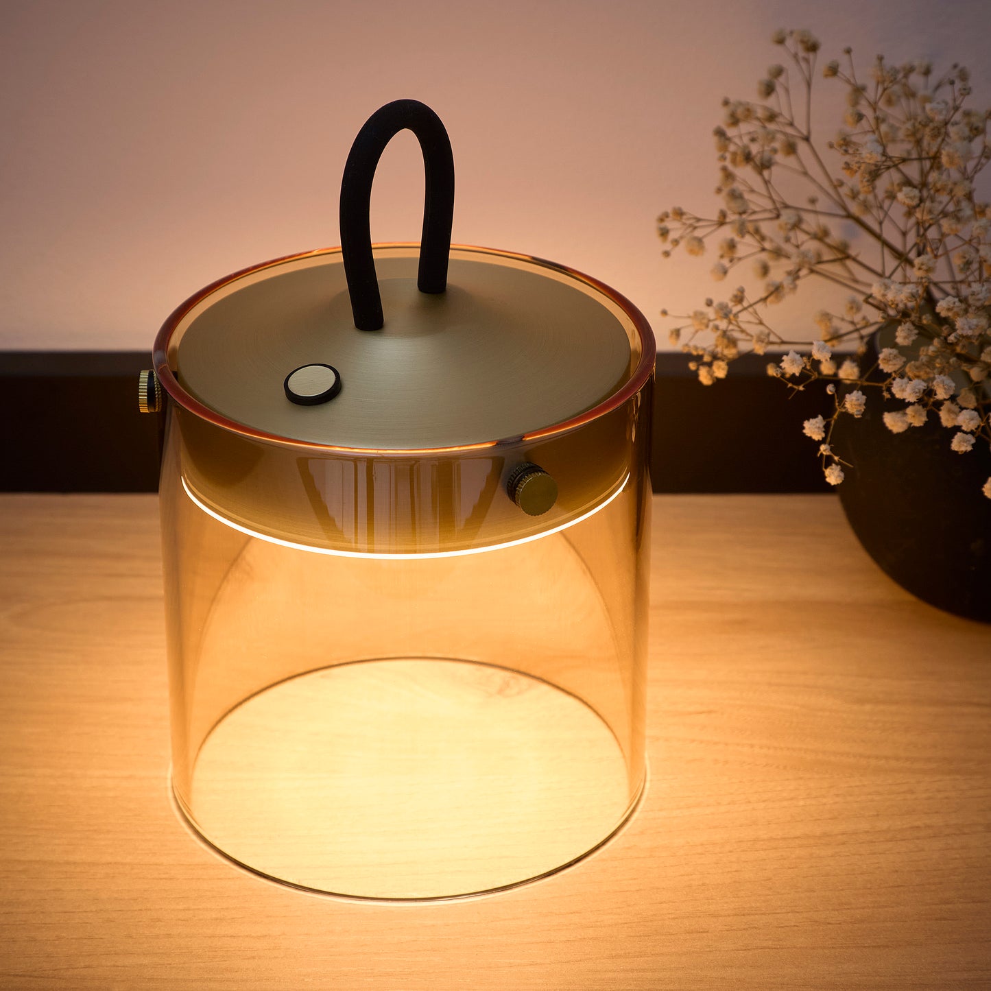 Satin Gold Rechargeable Glass Table Lamp with dimming function LED lights available in 2 sizes