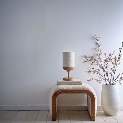 Modern Wood Effect Table and Floor Lamp in a Metal Finish with a Natural Cotton Lampshade