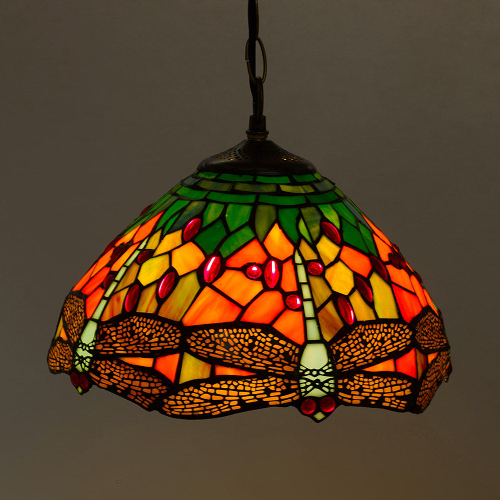 12" (30CM) Mitcham Tiffany Glass Dragonfly Motif Electrical Down Light Fitting