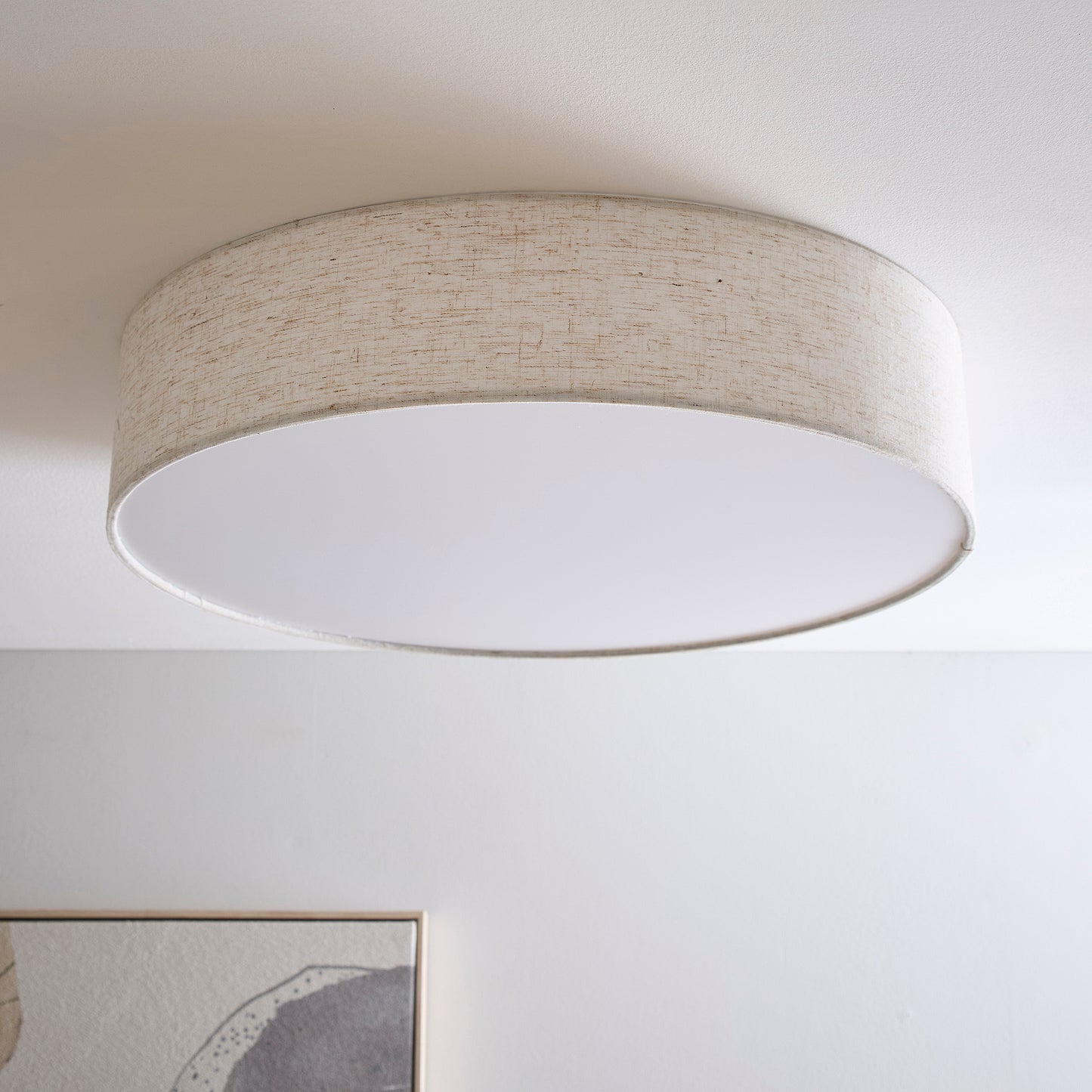 Natural Linen Flush Ceiling Light or Wall Light with White Diffuser Available in 2 Sizes 38 cm round and 45 cm Round