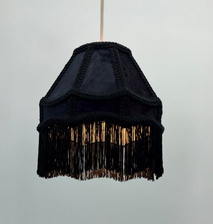 Empire Lamp Shade in a Victorian Style in Black Velvet with Long Tassels (8in, 10in, 12in)