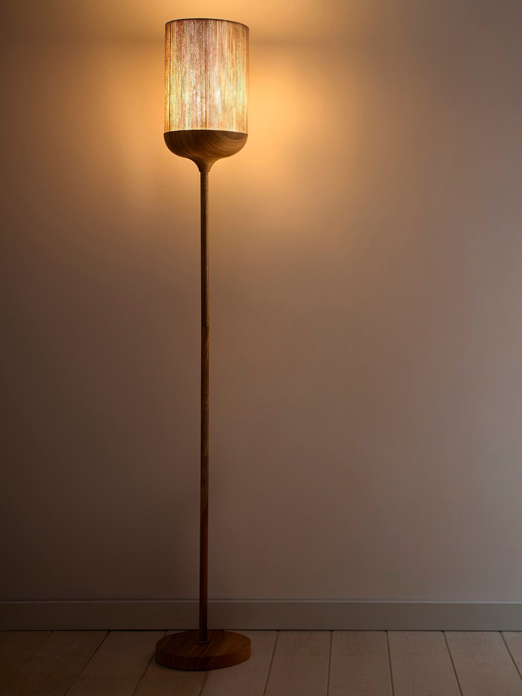Modern Wood Effect Table and Floor Lamp in a Metal Finish with a Natural Cotton Lampshade