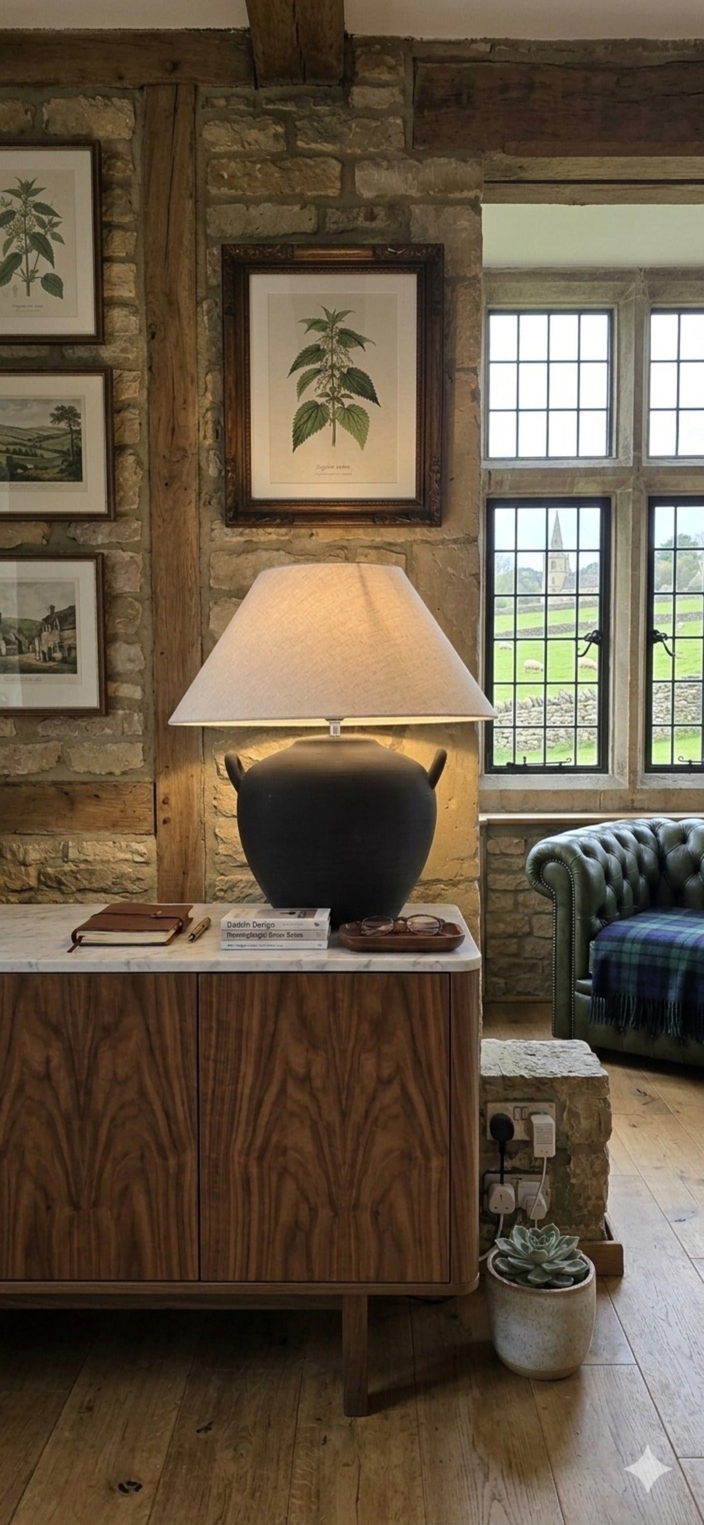 Ceramic Pot Table Lamp in White or Black Stone Like Finish with Side handles and Natural Linen Lampshade